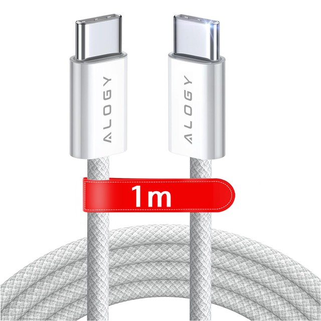 Alogy Kabel USB-C typ C mocny szybki 60W PD 1M do iPhone 15/Pro/Max iPad MacBook nylonowy przewód Biały