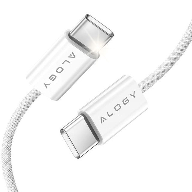 Alogy Kabel USB-C typ C mocny szybki 60W PD 1M do iPhone 15/Pro/Max iPad MacBook nylonowy przewód Biały