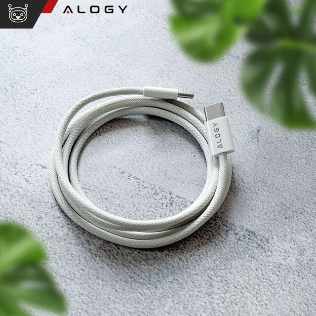 Alogy Kabel USB-C typ C mocny szybki 60W PD 1M do iPhone 15/Pro/Max iPad MacBook nylonowy przewód Biały