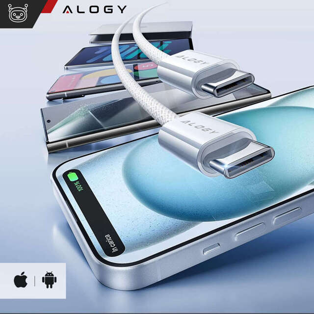 Alogy Kabel USB-C typ C mocny szybki 60W PD 1M do iPhone 15/Pro/Max iPad MacBook nylonowy przewód Biały