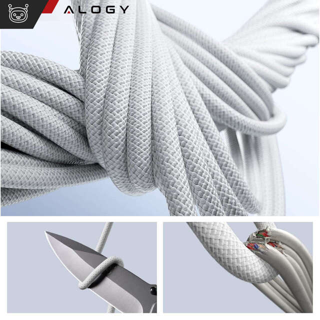 Alogy Kabel USB-C typ C mocny szybki 60W PD 1M do iPhone 15/Pro/Max iPad MacBook nylonowy przewód Biały