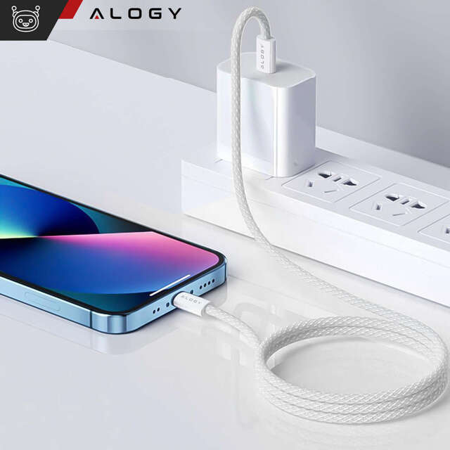 Alogy Kabel USB-C typ C mocny szybki 60W PD 1M do iPhone 15/Pro/Max iPad MacBook nylonowy przewód Biały