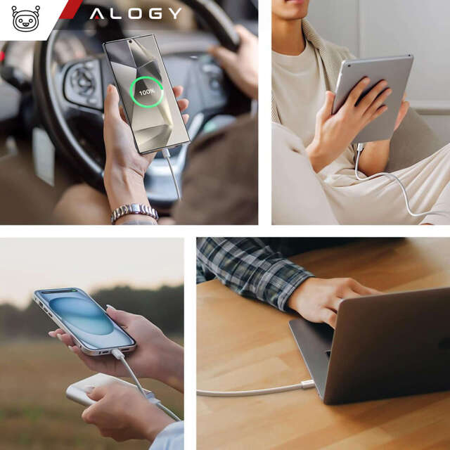 Alogy Kabel USB-C typ C mocny szybki 60W PD 1M do iPhone 15/Pro/Max iPad MacBook nylonowy przewód Biały