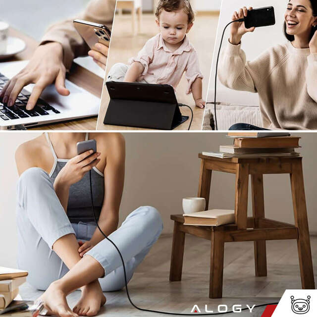 Alogy Kabel USB-C typ C mocny szybki 60W PD 1M do iPhone 15/Pro/Max nylonowy przewód Czarny