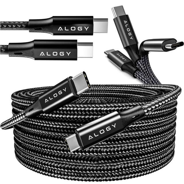 Alogy Kabel USB-C typ C mocny szybki 60W PD 2M do iPhone 15/Pro/Max nylonowy przewód Czarny