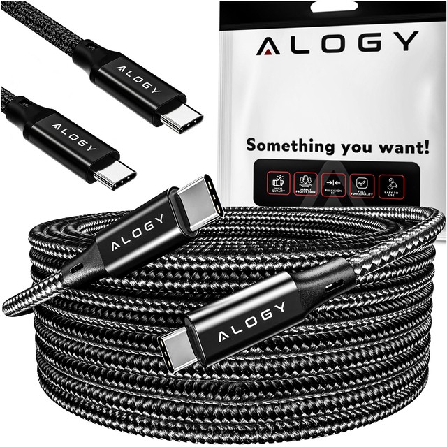 Alogy Kabel USB-C typ C mocny szybki 60W PD 2M do iPhone 15/Pro/Max nylonowy przewód Czarny