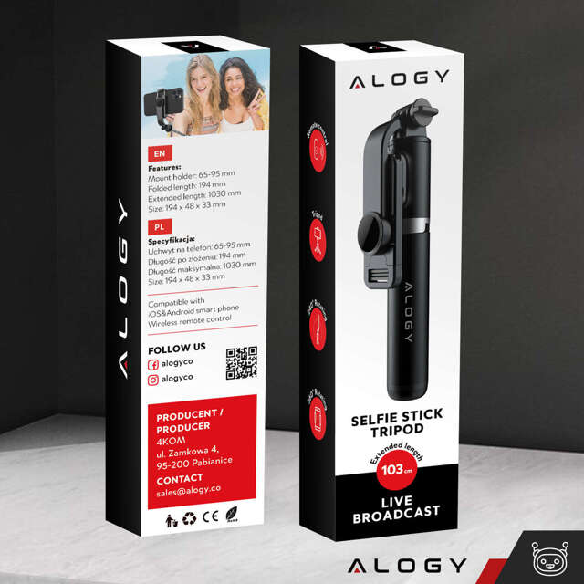 Alogy Kijek Selfie Stick uchwyt do telefonu zdjęć statyw Tripod 103 cm + Pilot Bluetooth Czarny