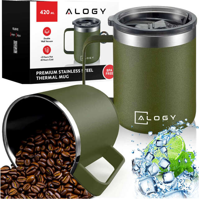 Alogy Kubek termiczny z uchwytem Thermal Mug otwierana pokrywka stalowy zimno i ciepło Zielony