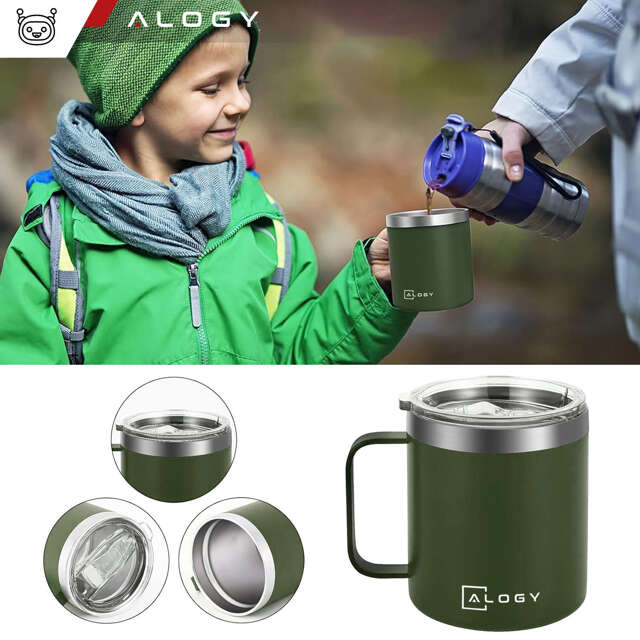 Alogy Kubek termiczny z uchwytem Thermal Mug otwierana pokrywka stalowy zimno i ciepło Zielony