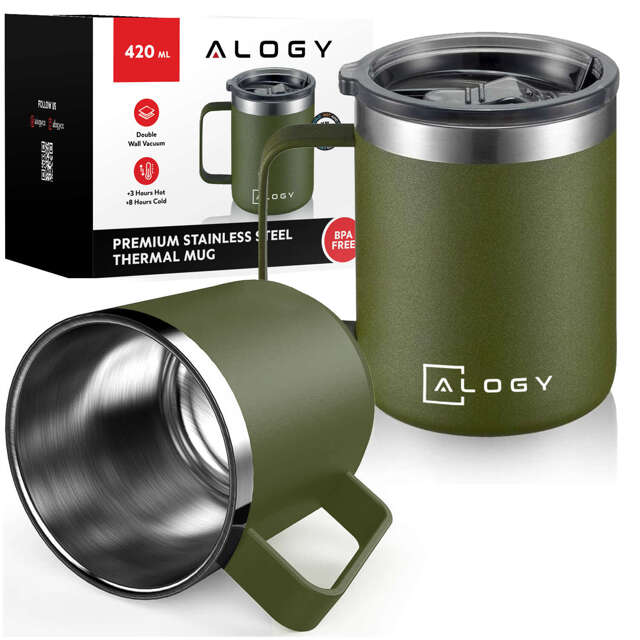 Alogy Kubek termiczny z uchwytem Thermal Mug otwierana pokrywka stalowy zimno i ciepło Zielony