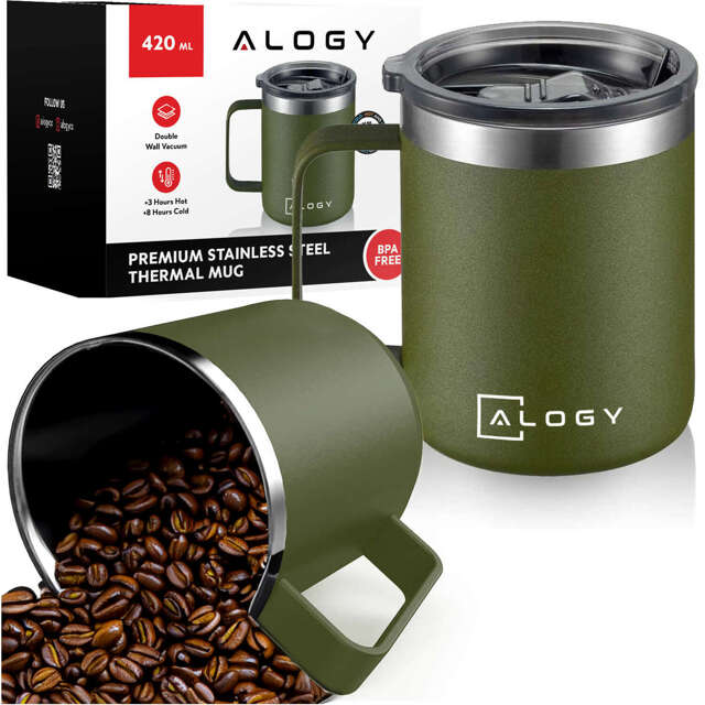 Alogy Kubek termiczny z uchwytem Thermal Mug otwierana pokrywka stalowy zimno i ciepło Zielony