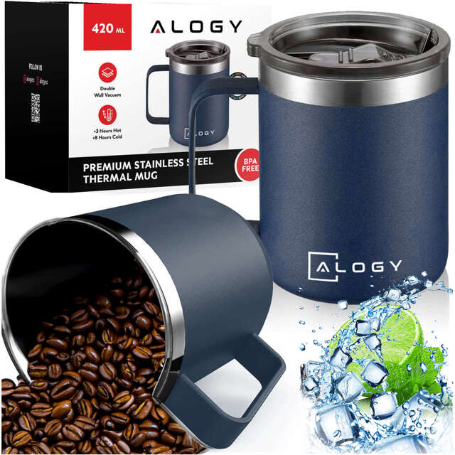 Alogy Kubek termiczny z uchwytem Thermal Mug otwierana pokrywka stalowy zimno i ciepło granatowy