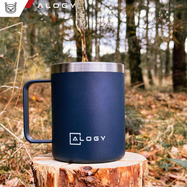 Alogy Kubek termiczny z uchwytem Thermal Mug otwierana pokrywka stalowy zimno i ciepło granatowy