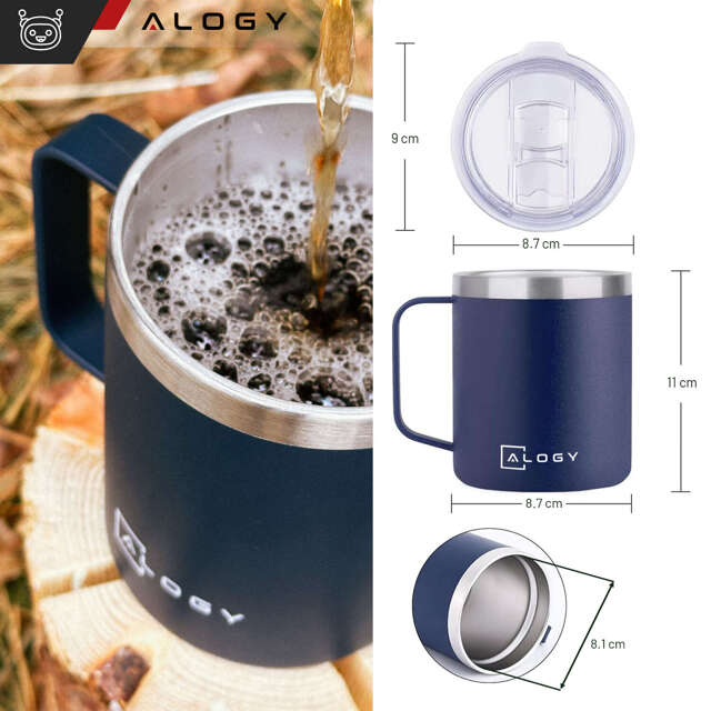 Alogy Kubek termiczny z uchwytem Thermal Mug otwierana pokrywka stalowy zimno i ciepło granatowy