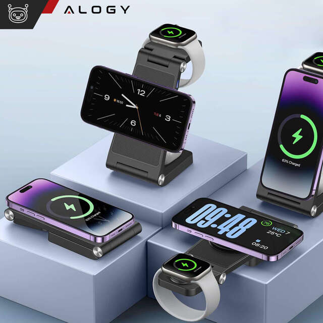 Alogy Ładowarka Indukcyjna Bezprzewodowa Mag Safe 3w1 Qi 18W do iPhone, Apple Watch, AirPods stacja ładowania stojak czarna