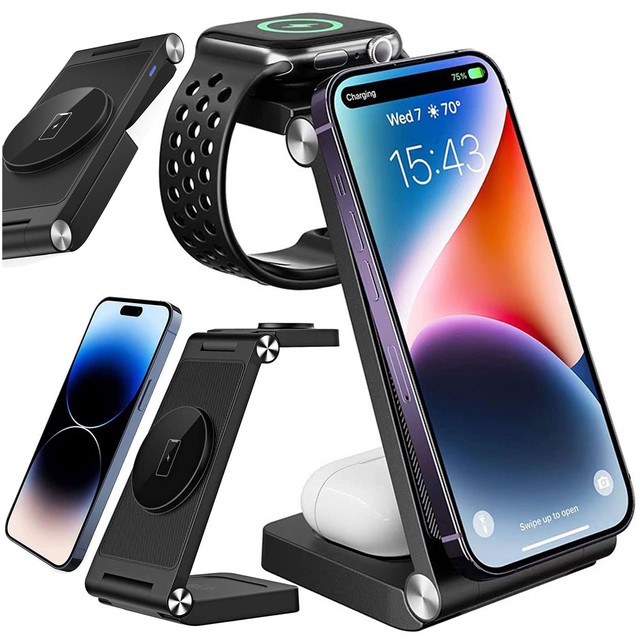 Alogy Ładowarka Indukcyjna Bezprzewodowa Mag Safe 3w1 Qi 18W do iPhone, Apple Watch, AirPods stacja ładowania stojak czarna