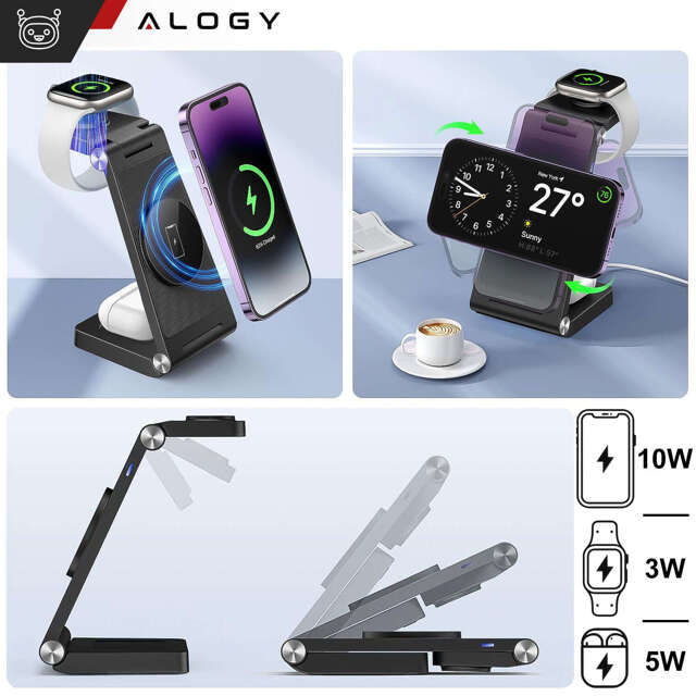 Alogy Ładowarka Indukcyjna Bezprzewodowa Mag Safe 3w1 Qi 18W do iPhone, Apple Watch, AirPods stacja ładowania stojak czarna