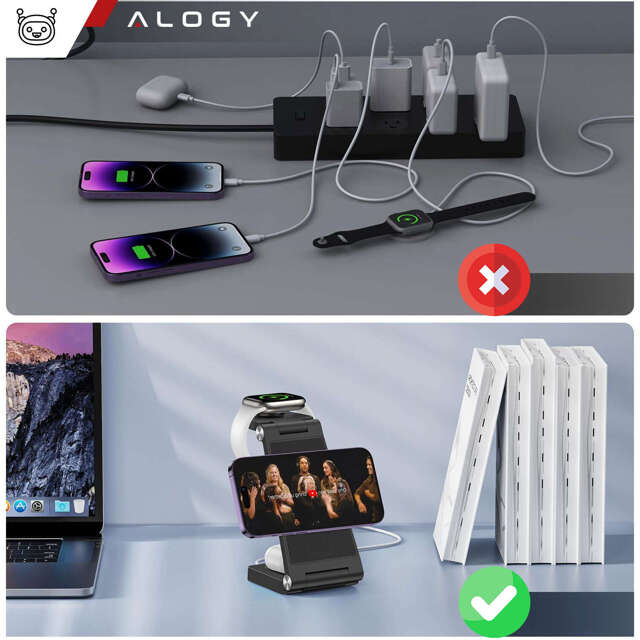 Alogy Ładowarka Indukcyjna Bezprzewodowa Mag Safe 3w1 Qi 18W do iPhone, Apple Watch, AirPods stacja ładowania stojak czarna