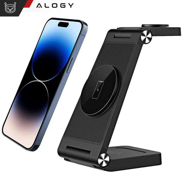 Alogy Ładowarka Indukcyjna Bezprzewodowa Mag Safe 3w1 Qi 18W do iPhone, Apple Watch, AirPods stacja ładowania stojak czarna