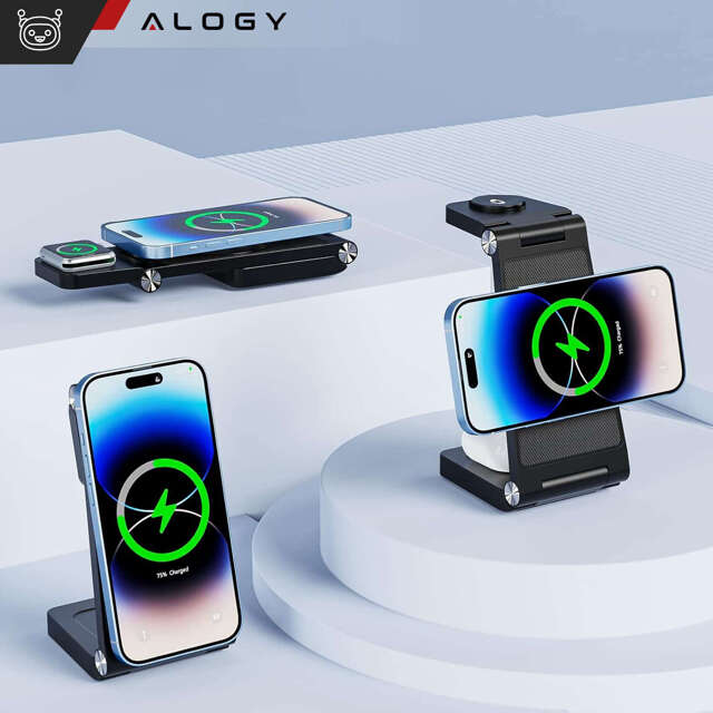 Alogy Ładowarka Indukcyjna Bezprzewodowa Mag Safe 3w1 Qi 18W do iPhone, Apple Watch, AirPods stacja ładowania stojak czarna