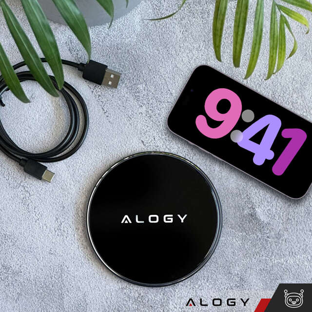 Alogy Ładowarka indukcyjna okrągła Qi LED Charger 15W bezprzewodowa + kabel USB-C Czarny