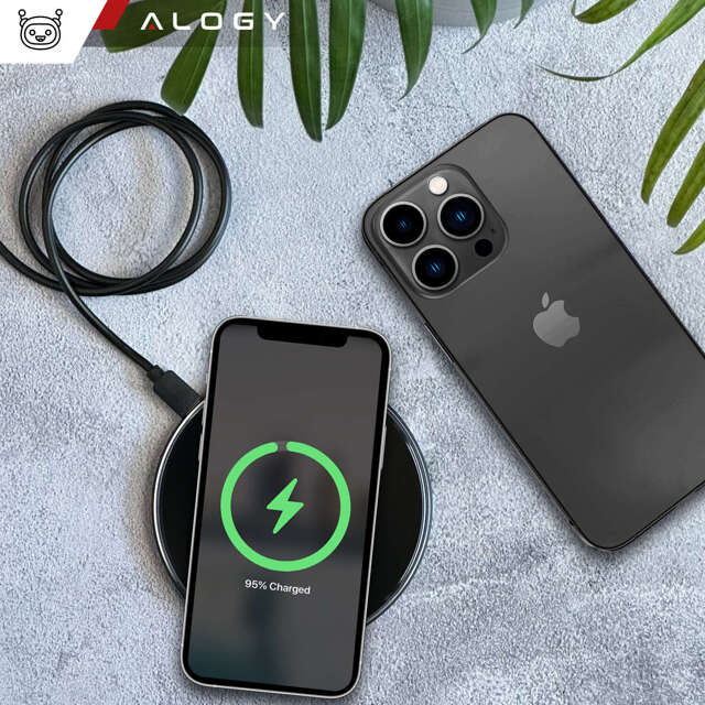 Alogy Ładowarka indukcyjna okrągła Qi LED Charger 15W bezprzewodowa + kabel USB-C Czarny