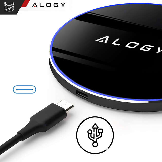 Alogy Ładowarka indukcyjna okrągła Qi LED Charger 15W bezprzewodowa + kabel USB-C Czarny