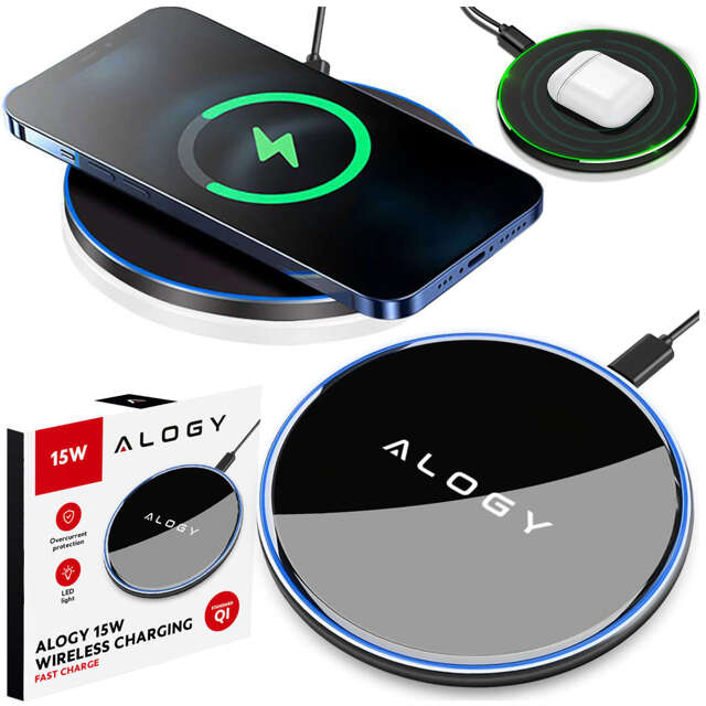 Alogy Ładowarka indukcyjna okrągła Qi LED Charger 15W bezprzewodowa + kabel USB-C Czarny