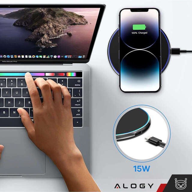 Alogy Ładowarka indukcyjna okrągła Qi LED Charger 15W bezprzewodowa + kabel USB-C Czarny