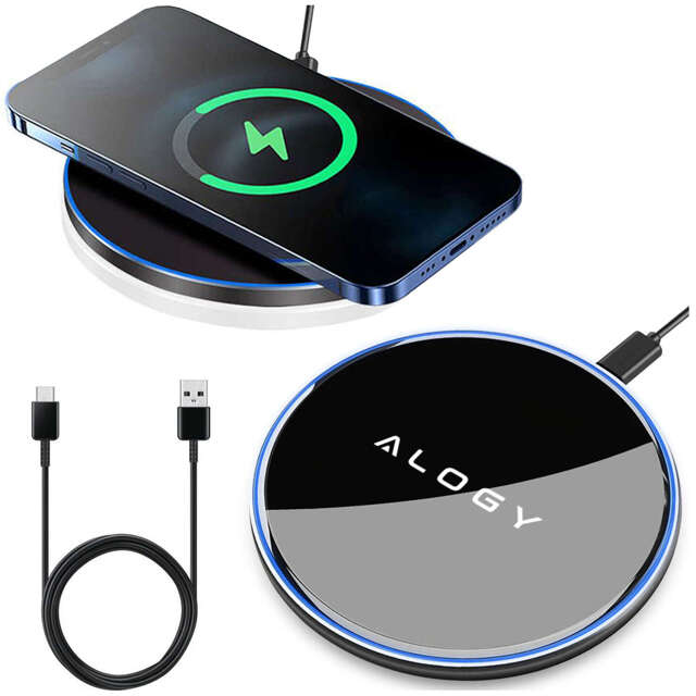 Alogy Ładowarka indukcyjna okrągła Qi LED Charger 15W bezprzewodowa + kabel USB-C Czarny