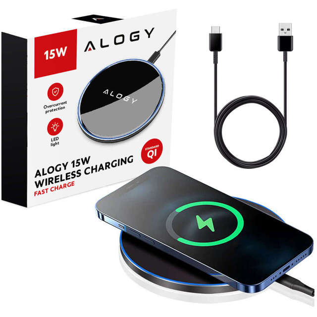 Alogy Ładowarka indukcyjna okrągła Qi LED Charger 15W bezprzewodowa + kabel USB-C Czarny