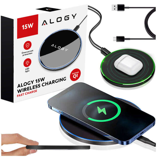 Alogy Ładowarka indukcyjna okrągła Qi LED Charger 15W bezprzewodowa + kabel USB-C Czarny