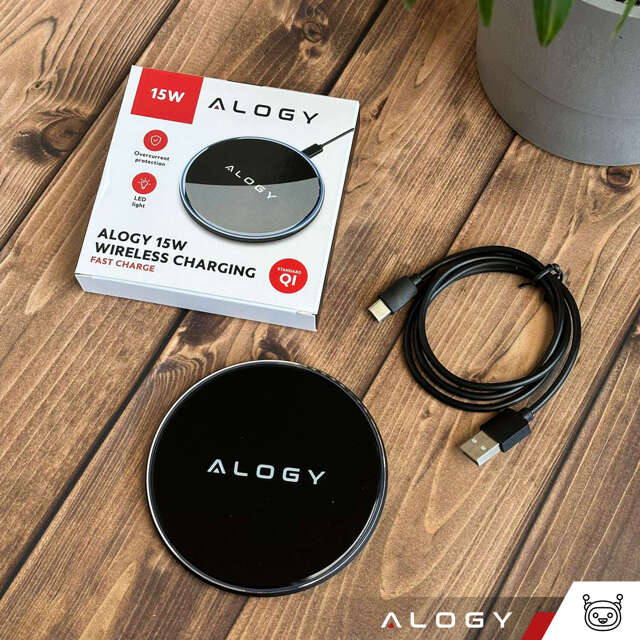 Alogy Ładowarka indukcyjna okrągła Qi LED Charger 15W bezprzewodowa + kabel USB-C Czarny