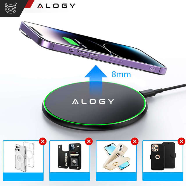 Alogy Ładowarka indukcyjna okrągła Qi LED Charger 15W bezprzewodowa + kabel USB-C Czarny