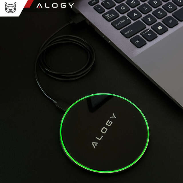 Alogy Ładowarka indukcyjna okrągła Qi LED Charger 15W bezprzewodowa + kabel USB-C Czarny