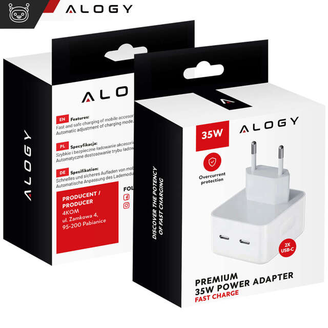 Alogy Ładowarka sieciowa szybka 35W 2x USB-C USB typ C PD do iPhone 2-portowa kostka Biała