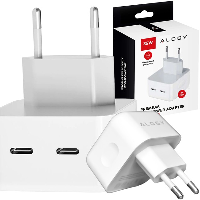 Alogy Ładowarka sieciowa szybka 35W 2x USB-C USB typ C PD do iPhone 2-portowa kostka Biała