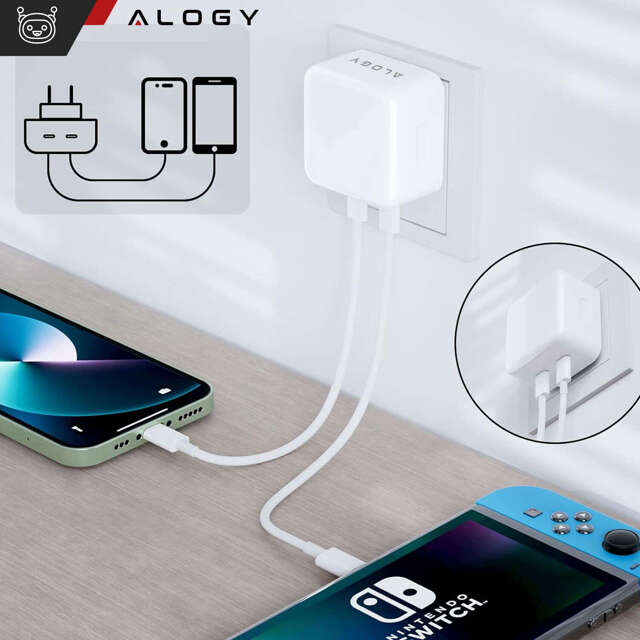 Alogy Ładowarka sieciowa szybka 35W 2x USB-C USB typ C PD do iPhone 2-portowa kostka Biała