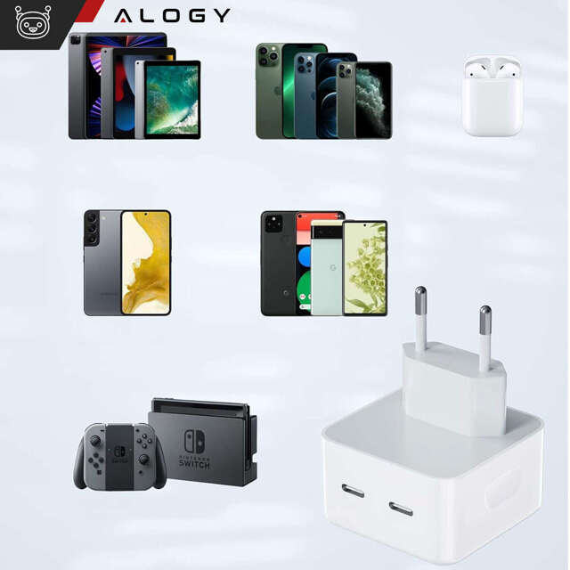 Alogy Ładowarka sieciowa szybka 35W 2x USB-C USB typ C PD do iPhone 2-portowa kostka Biała