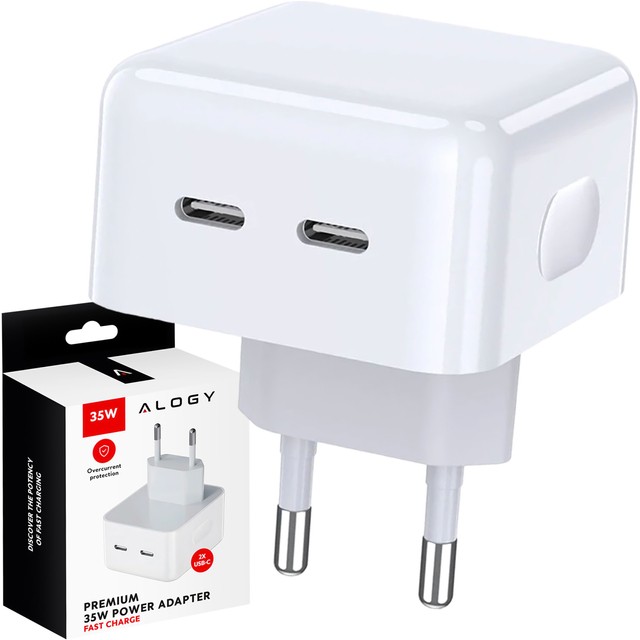 Alogy Ładowarka sieciowa szybka 35W 2x USB-C USB typ C PD do iPhone 2-portowa kostka Biała