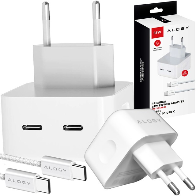 Alogy Ładowarka sieciowa szybka 35W 2x USB-C USB typ C PD do iPhone + Kabel type-C 1m Biała