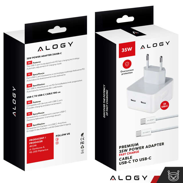 Alogy Ładowarka sieciowa szybka 35W 2x USB-C USB typ C PD do iPhone + Kabel type-C 1m Biała