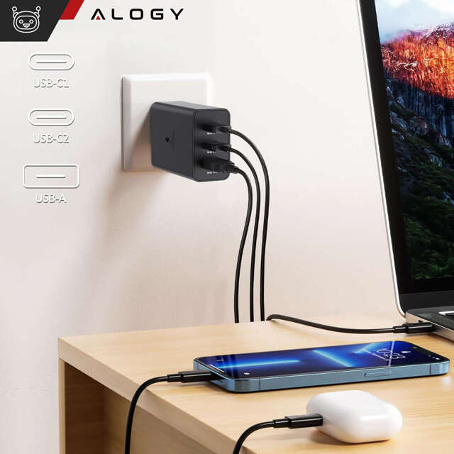 Alogy Ładowarka sieciowa szybka 65W 2x USB-C typ C PD + USB-A USB 3 porty mocna Czarna