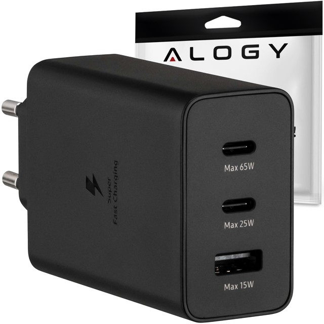 Alogy Ładowarka sieciowa szybka 65W 2x USB-C typ C PD + USB-A USB 3 porty mocna Czarna