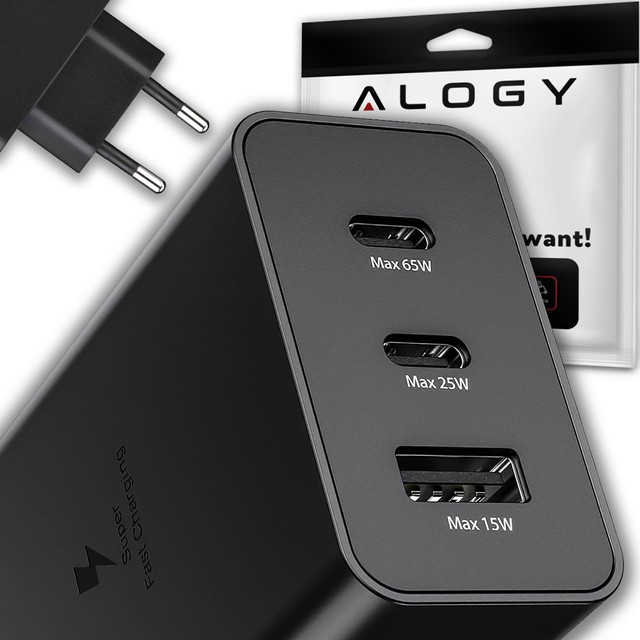 Alogy Ładowarka sieciowa szybka 65W 2x USB-C typ C PD + USB-A USB 3 porty mocna Czarna