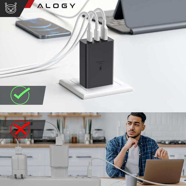 Alogy Ładowarka sieciowa szybka 65W 2x USB-C typ C PD + USB-A USB 3 porty mocna Czarna