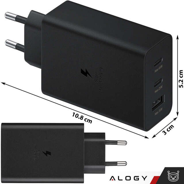 Alogy Ładowarka sieciowa szybka 65W 2x USB-C typ C PD + USB-A USB 3 porty mocna Czarna