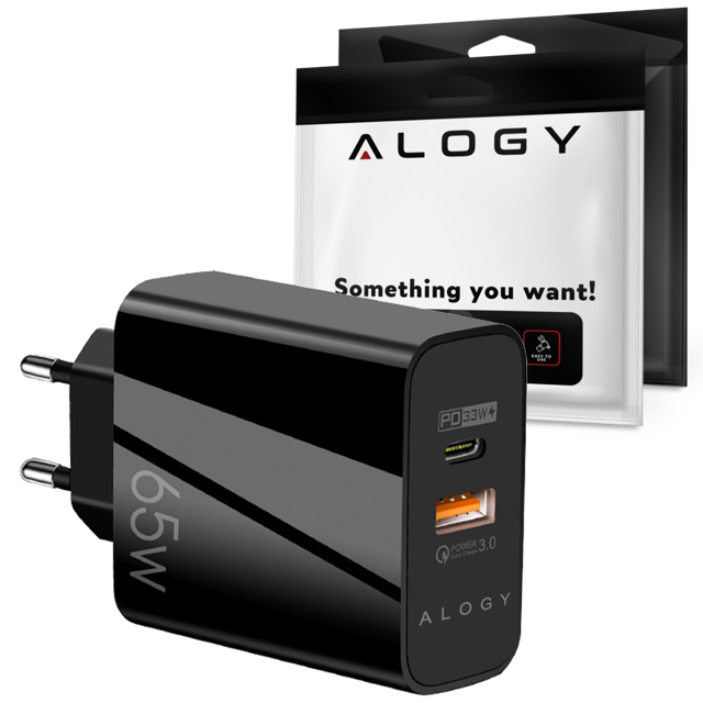 Alogy Ładowarka sieciowa szybka 65W 2x USB-C typ C PD + USB-A USB 3 porty mocna Czarna