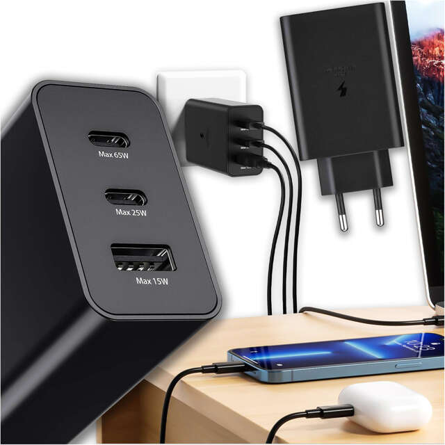 Alogy Ładowarka sieciowa szybka 65W 2x USB-C typ C PD + USB-A USB 3 porty mocna Czarna