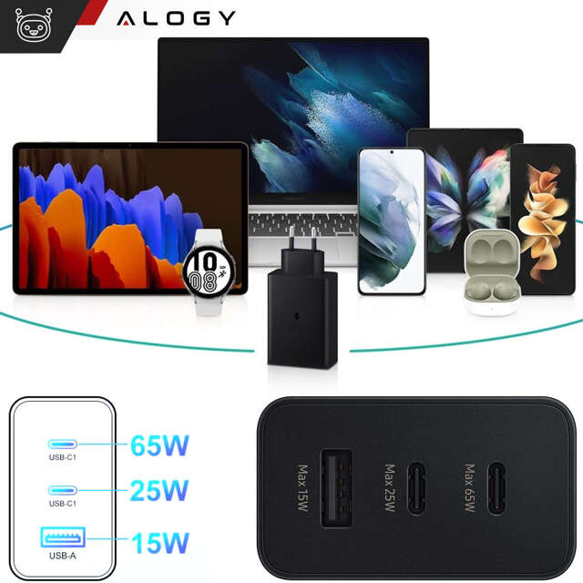 Alogy Ładowarka sieciowa szybka 65W 2x USB-C typ C PD + USB-A USB 3 porty mocna Czarna